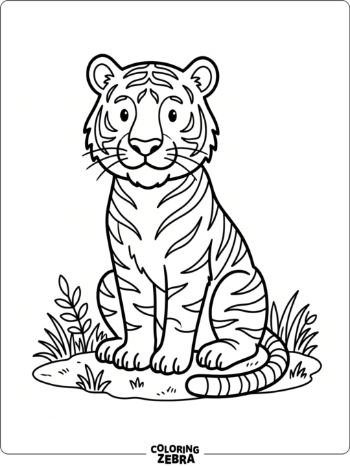 A striped tiger standing on a rock in simple grass