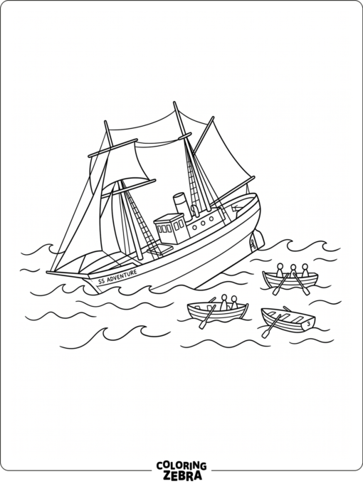 A simple sinking ship with waves and lifeboats