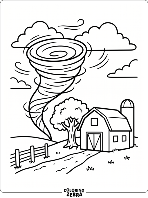 A simple tornado near a barn and tree