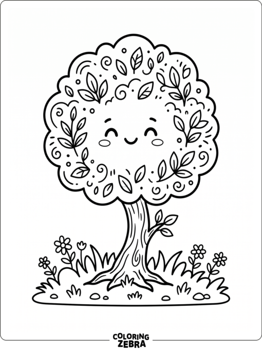 A small friendly tree with a round top and grass