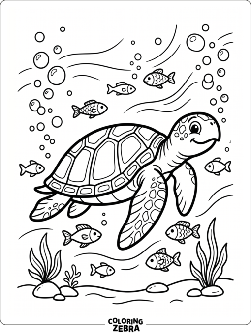 A friendly sea turtle with fish and bubbles