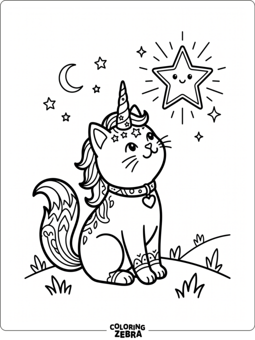 A simple unicorn cat looking up at a star