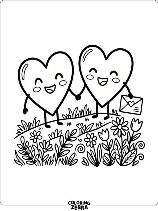 Two smiling hearts with an envelope and flowers