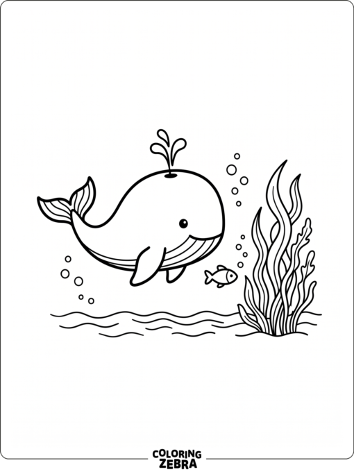 A simple whale near a fish and sea grass