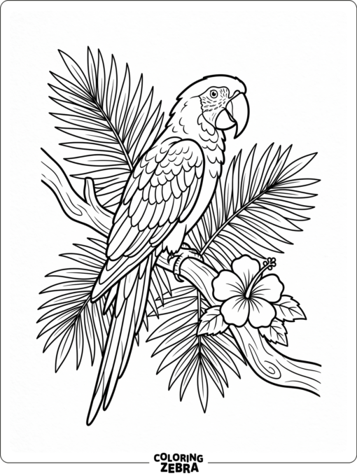 A tropical parrot with palm leaves and a flower