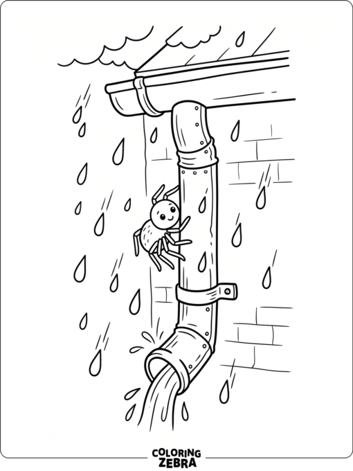 A small spider climbing a water spout with raindrops