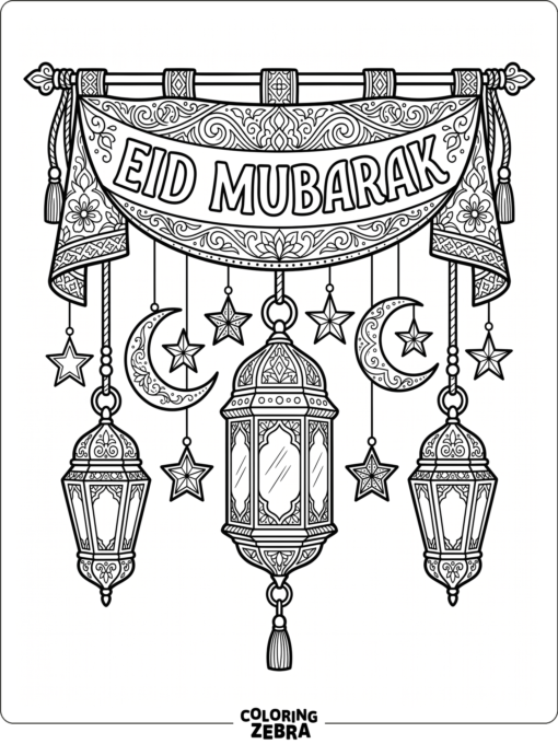 Eid Mubarak banner with lanterns and stars