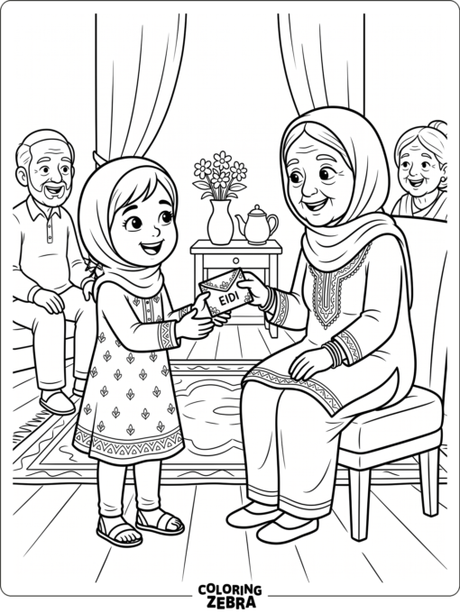 Child receiving Eid money in an envelope