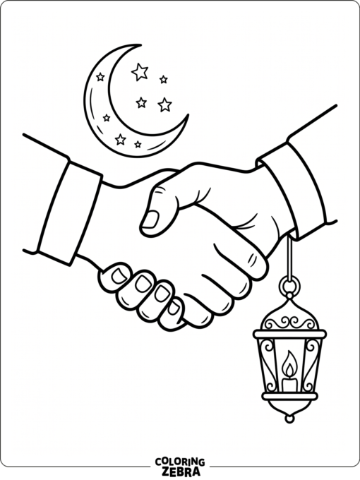 Hands shaking with moon and lantern accents