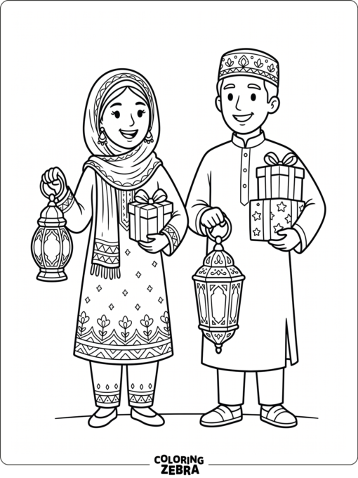 People in traditional Eid outfits with gifts