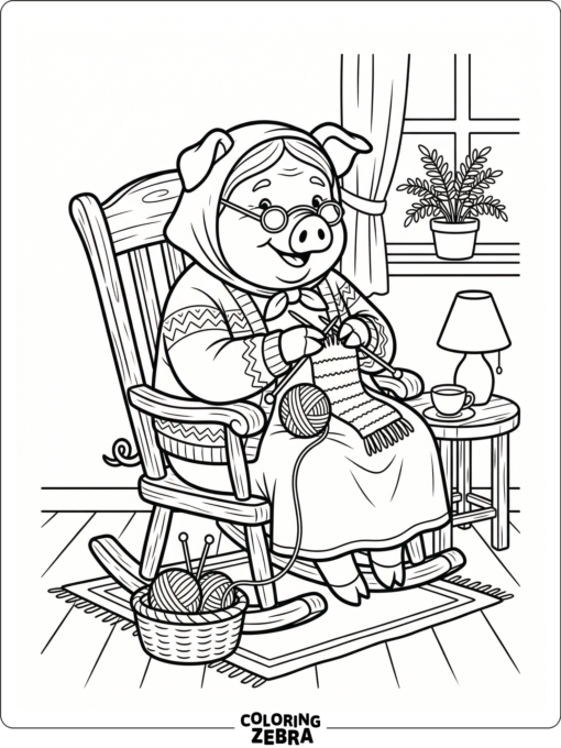 An elderly pig knitting in a rocking chair