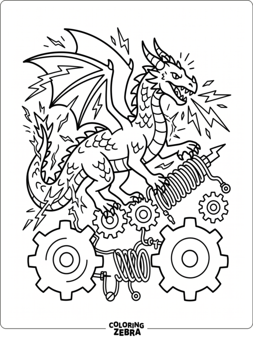 A dragon sparking with electricity near gears