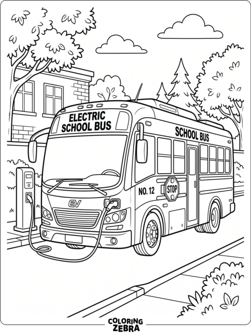 A modern electric school bus with a charging plug