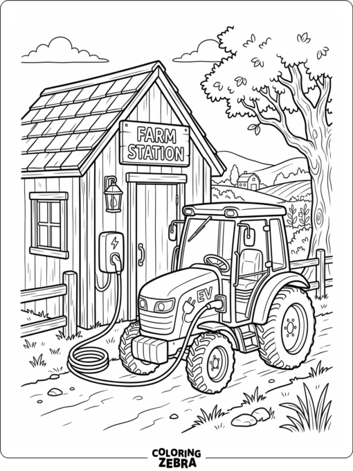 An electric tractor charging beside a farm station
