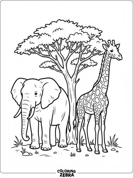 An elephant and giraffe standing by a tree