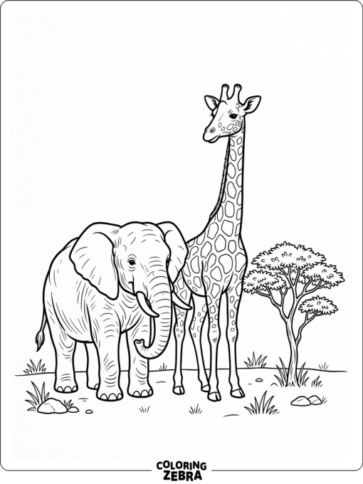 An elephant and giraffe standing together by a tree