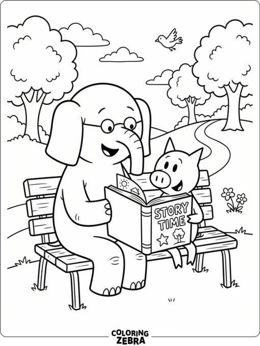 An elephant and a pig reading together on a bench