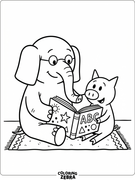 An elephant and piggie reading a book together