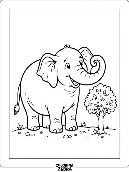A simple elephant with a curved trunk and open space around it
