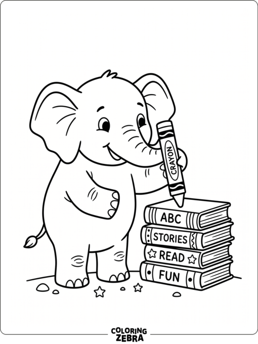 An elephant with books and a crayon