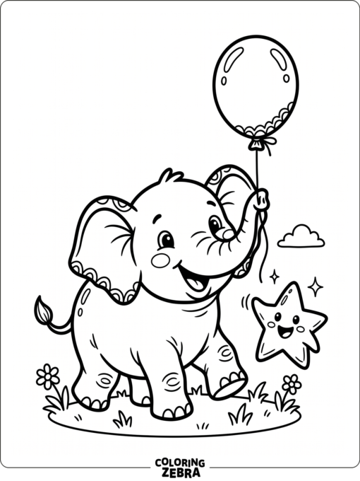 A cheerful elephant holding a balloon