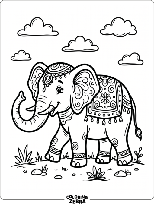 A bold line elephant sketch with clouds