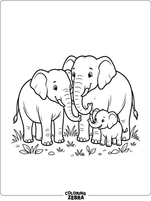 An elephant family standing together in a simple scene