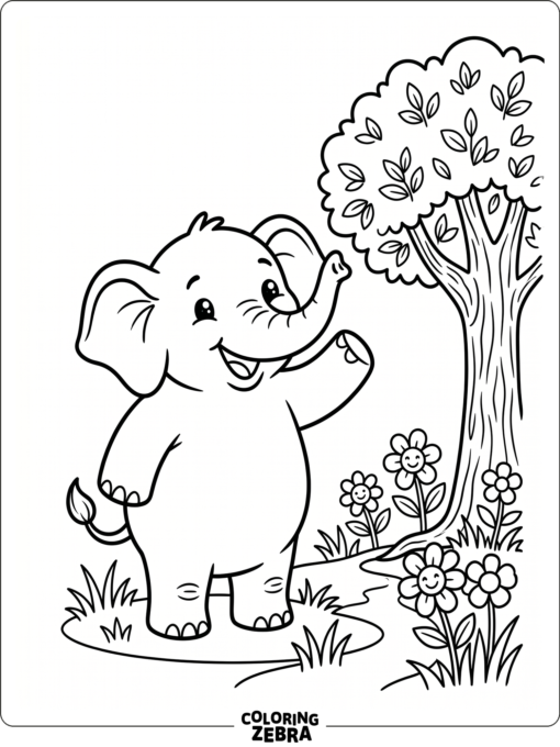 A happy elephant waving near a tree