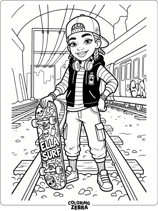 Ella from Subway Surfers holding a skateboard