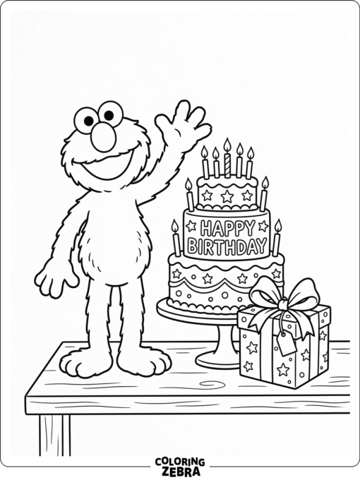 Elmo smiling next to a cake and gift