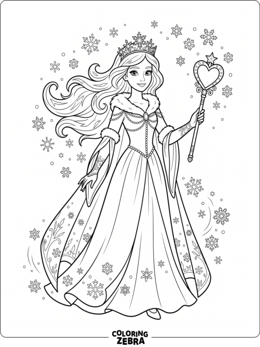 An ice queen holding a heart wand with snowflakes