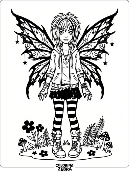 An emo fairy with dark wings and striped tights