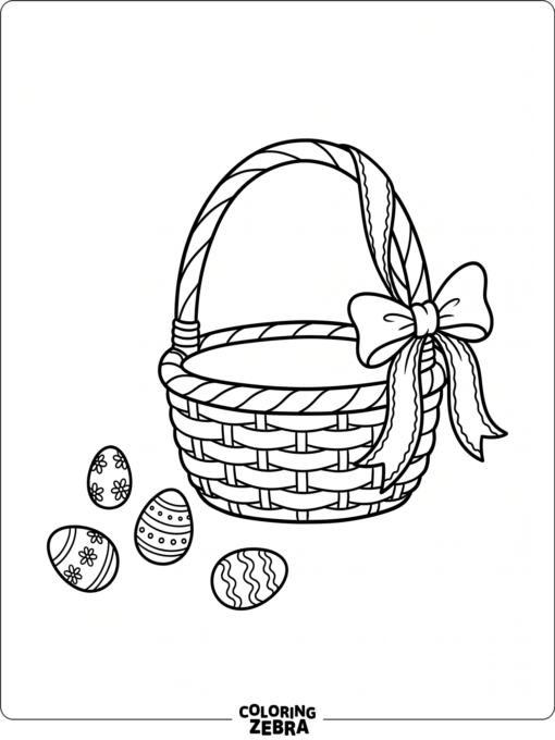 Empty basket with ribbon and scattered eggs