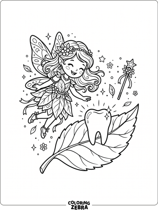 An enchanted fairy standing near a shiny tooth on a leaf
