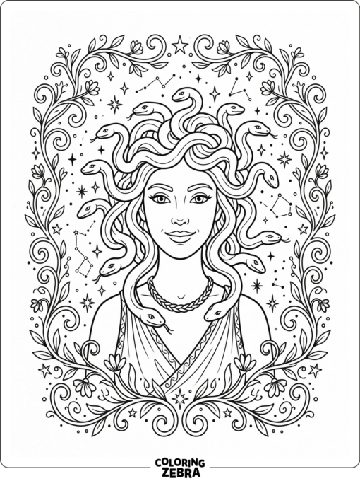 An enchanted Medusa with stars and curling vines