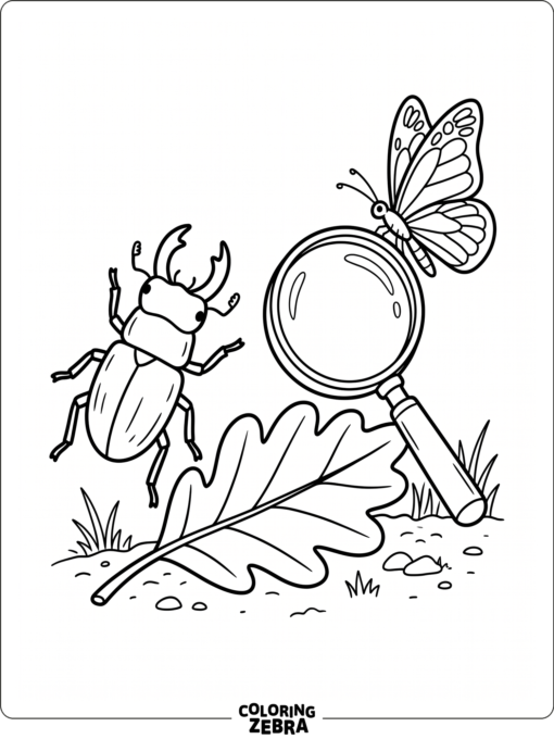 Escena sencilla de entomología con insectos y una lupa