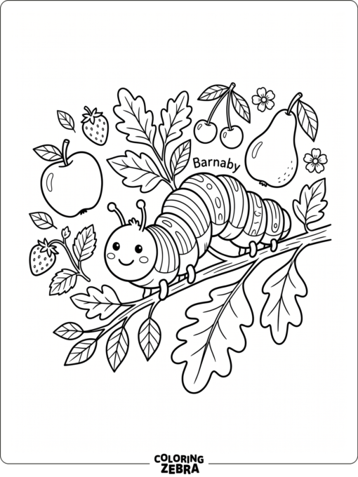 A striped caterpillar with fruit and leaves in a storybook style