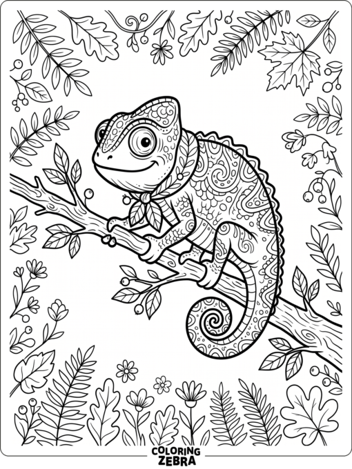 A chameleon with a leaf scarf on a branch