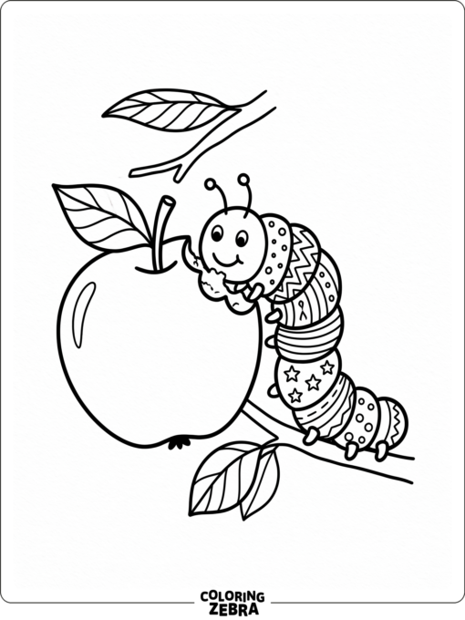 A storybook caterpillar eating fruit with patterned segments