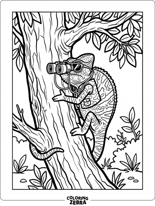 A chameleon peeking from behind a tree trunk