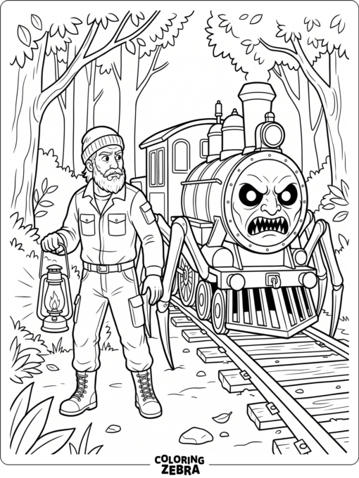 Eugene beside the spider train with a lantern