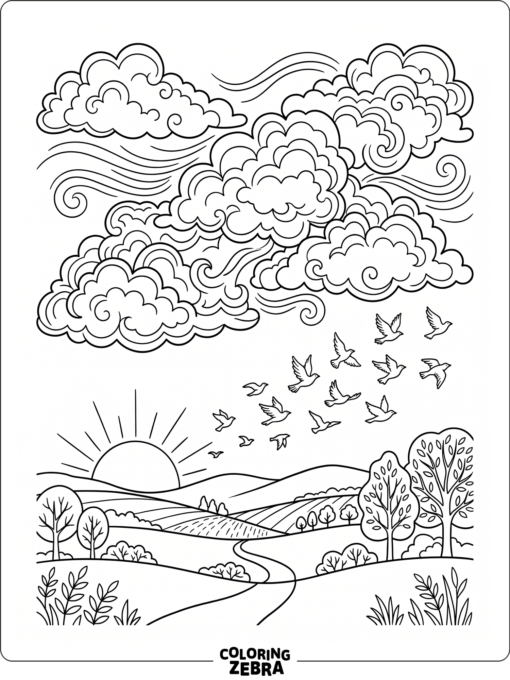 A glowing evening sky with clouds and birds
