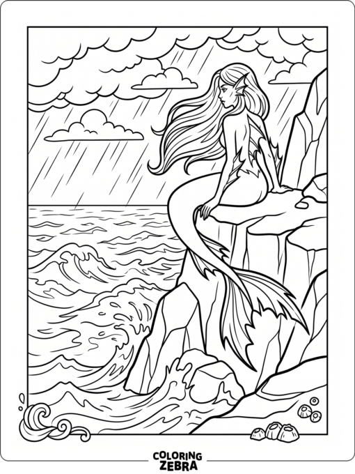 An evil siren standing on a cliff above rough water