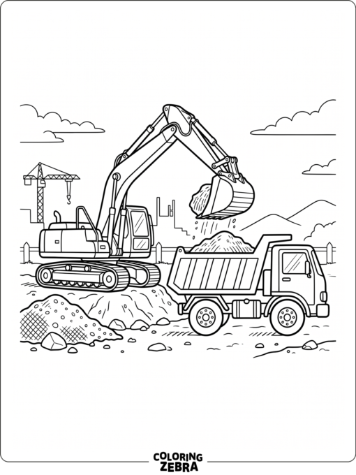 An excavator loading dirt into a dump truck