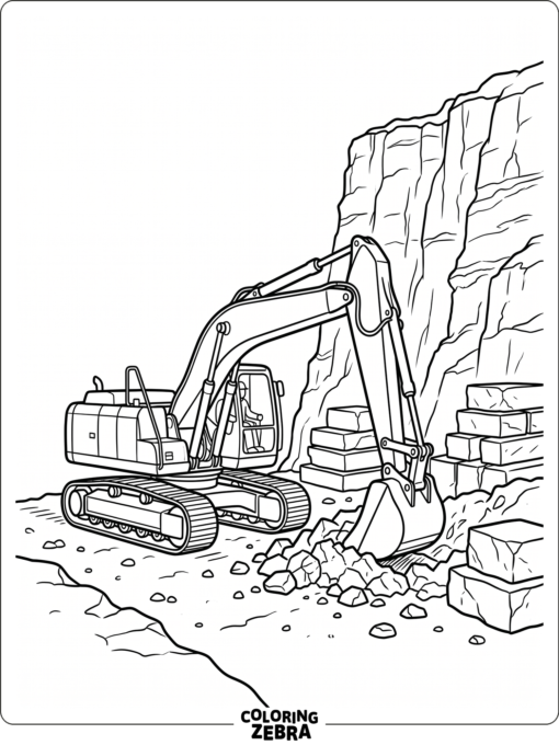 An excavator at a quarry with stone piles and a wall