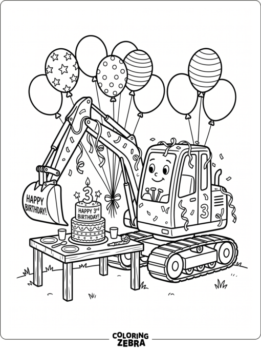 Excavator beside balloons and a birthday cake