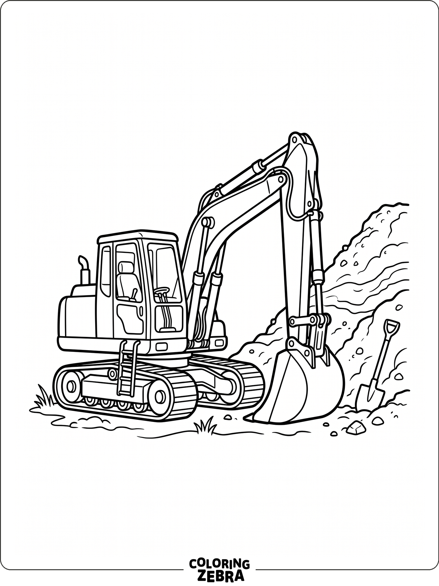 An excavator parked beside a dirt mound with simple lines
