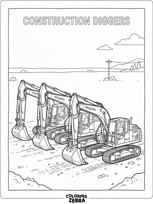 Several excavators arranged on a simple construction lot