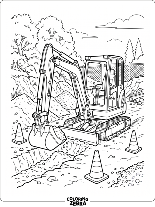 A mini excavator near cones on a small work area