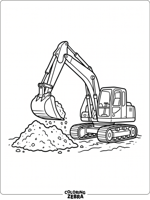 An excavator digging into a dirt pile with a bucket